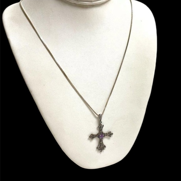 925 Sterling Silver Amethyst Marcasite Cross Box Chain Necklace Religious Gift - Picture 2 of 5
